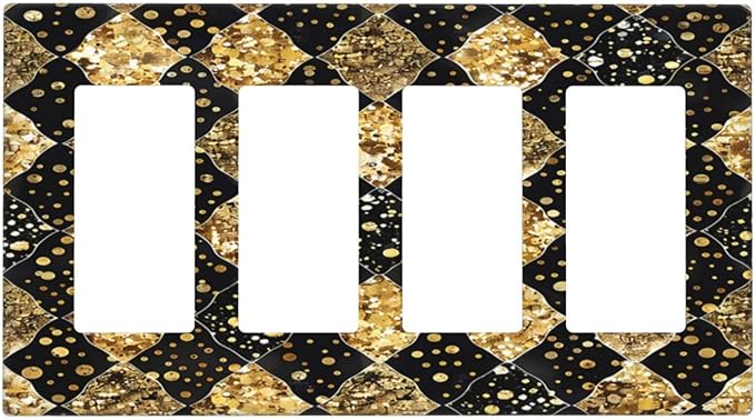 Gold Black Marble Geometric Plaid Glitter Wallplates 4 Gang Quad Rocker Decorative Light Switch Covers Electrical GFCI Faceplate Switch Plate for Bedroom Bathroom Decor