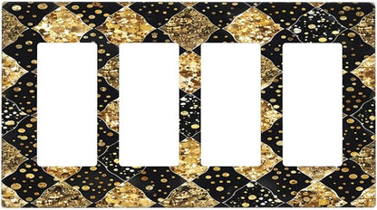 Gold Black Marble Geometric Plaid Glitter Wallplates 4 Gang Quad Rocker Decorative Light Switch Covers Electrical GFCI Faceplate Switch Plate for Bedroom Bathroom Decor