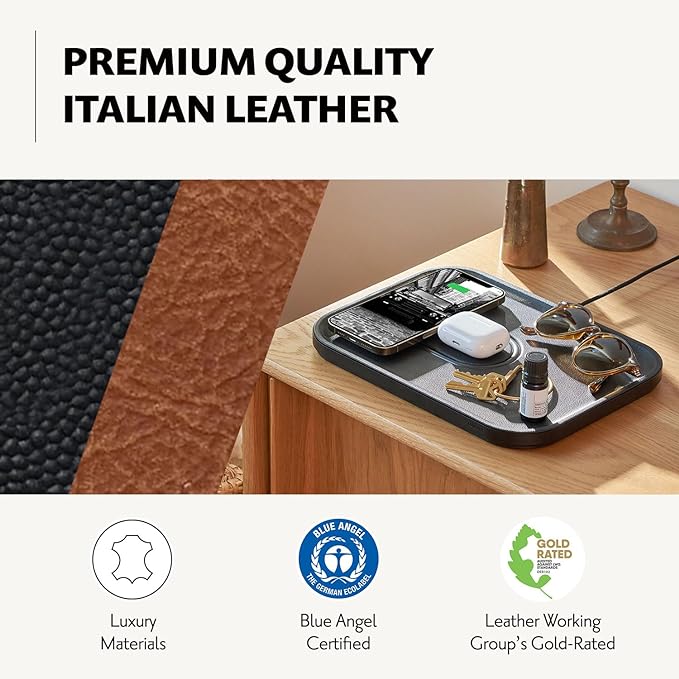 Courant MAG:3 Classics Charger and Tray - Italian Leather, Multi-Device Charger Compatible with MagSafe iPhones 16, 15, 14, 13, 12 or Wireless AirPod Cases (Black)