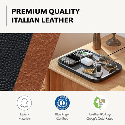 Courant MAG:3 Classics Charger and Tray - Italian Leather, Multi-Device Charger Compatible with MagSafe iPhones 16, 15, 14, 13, 12 or Wireless AirPod Cases (Black)