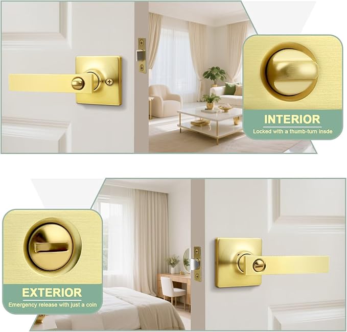 GOBEKOR 4 Pack Gold Door Handles Interior,Heavy Duty Privacy Door Levers with Lock,Sleek Round Interior Door Handles for Bedroom and Bathroom with No Key