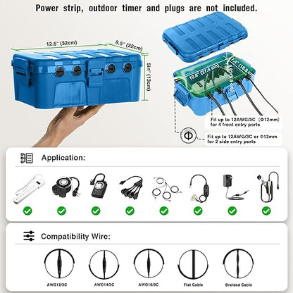 Flemoon Large Outdoor Electrical Box (12.5 x 8.5 x 5 inch), IP54 Waterproof Outdoor Extension Cord Cover Weatherproof, Protect Outlet, Plug, Socket, Timer, Power Strip, Holiday Light Decoration, Blue