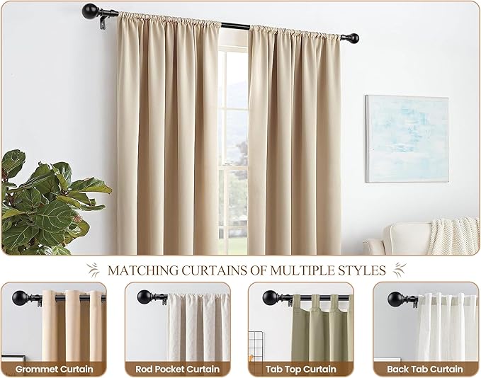 KAMANINA 2 Pack Curtain Rods for Windows 48 to 84 Inch (4-7ft), 7/8 Inch Single Heavy Duty Window Curtain Rod Adjustable Decorative Drapery Rods with Round End, Black