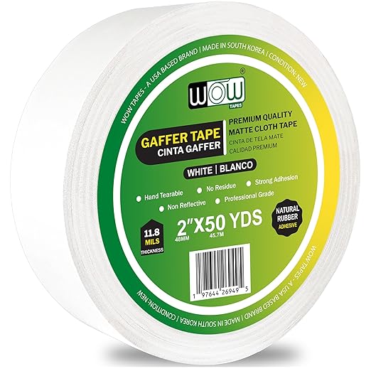 Wow Gaffers Tape 2 Inch White - 50 Yards, Residue Free, Non-Reflective & Heavy-Duty - Professional Grade Gaff Tape - Ideal for Photography Backdrop, Cables, Cords & Floor Taping