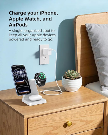 Charging Station for Multiple Devices Apple: 3 in 1 Magnetic Wireless Charger Stand for MagSafe-Compatible Nightstand Charging Dock for iPhone 17 16 15 14 13 12 Pro Max Plus Apple Watch Airpods