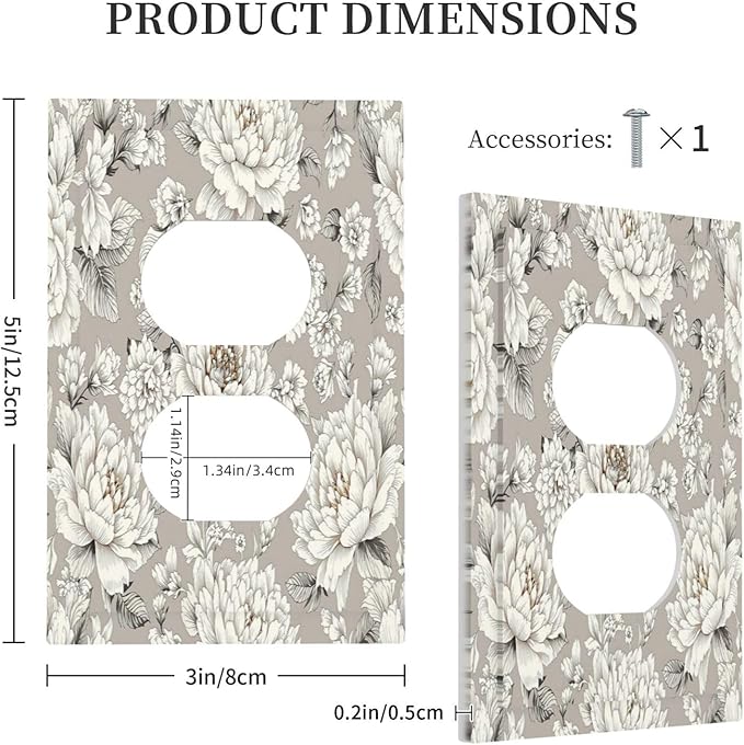 White Poppies Floral Modern Grey Peonies Flowers Outlet Covers 1 Gang Duplex Light Switch Cover Wall Plate Decorative Switch Plates Electrical Receptacle Faceplate for Bedroom Bathroom