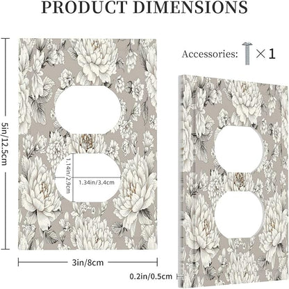 White Poppies Floral Modern Grey Peonies Flowers Outlet Covers 1 Gang Duplex Light Switch Cover Wall Plate Decorative Switch Plates Electrical Receptacle Faceplate for Bedroom Bathroom