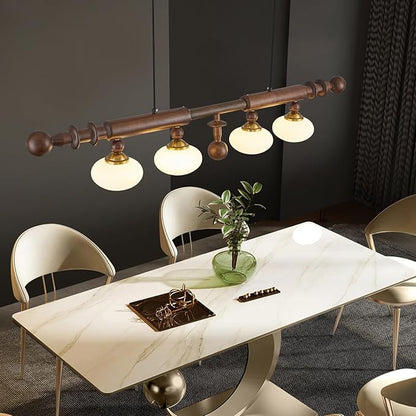 Wood and Globe Linear Chandelier Wooden Farmhouse Dining Room Light Fixture Rustic 4-Light Linear Kitchen Island Lighting Mid Century Modern Globe Hanging Pendant Light with Milk Glass Lampshade