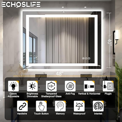 48"x40" LED Lighted Bathroom Mirror with Front Light and Backlit, Anti-Fog Bathroom Mirror with Lights, Stepless Dimmable LED Mirror, 3 Colors Smart Mirror (Horizontal/Vertical)