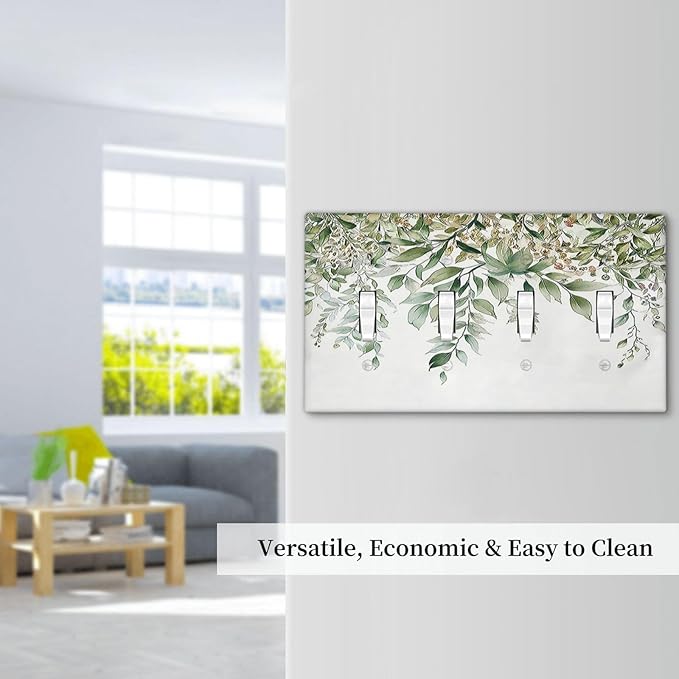 Light Switch Covers Sage Green Eucalyptus Watercolor Plant Leaves Quad Toggle Electrical Faceplate 4 Gang Wall Plate Decorative Switch Plates for Bedroom Bathroom Decor