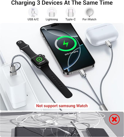 Temdan 2Pack for Apple Watch Charger, 3 in 2 Multi Charging Cable, iPhone Charger, USB A/Type C/Lightning Cable, Portable Travel Essentials Designed for iWatch Ultra/SE/11-1 & iPhone 17-12/ iPad-5Ft