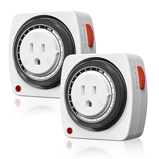 BN-LINK Outlet Timer Indoor, 24-Hour Heavy Duty Mechanical Light Timer with 15-Minute Intervals, 3 Prong Plug Outlet for Aquariums, Grow Lights, Indoor Lighting, Home Appliances, ETL Listed, 2-Pack