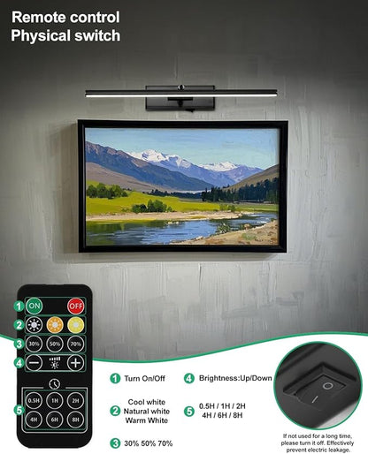 Battery Operated Picture Light with Wireless Remote 3CCT Dimmable Black Wall Art Lights for Paintings Rechargeable Home Decor Gallery Light 20'' Artwork Lighting for Canvas Timer Function