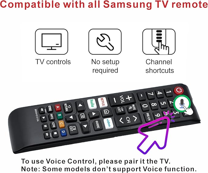 Replacement Remote for Samsung TV, Voice Control, Compatible with 2026-2016 Smart TV, LED, QLED, Crystal UHD & The Frame Series, 2-Year Warranty