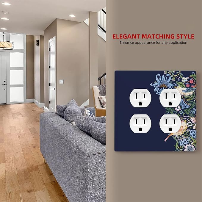 Decorative Outlet Covers Vintage Blue Morris Strawberry Thief Bird Flower 2 Gang Wall Plate Cover Double Duplex Receptacle Two Switch Light Switch Cover Plate Faceplate