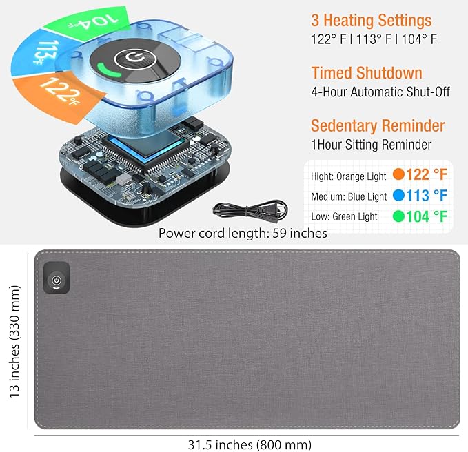 Onlytop Heated Desk Pad & Mouse Pad – Adjustable Temp & Auto Shut-Off, Large Waterproof Leather Warm Desk Mat with Non-Slip Base for Cold Office Winter Use (Gray, 31.5" x 13")