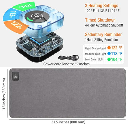 Onlytop Heated Desk Pad & Mouse Pad – Adjustable Temp & Auto Shut-Off, Large Waterproof Leather Warm Desk Mat with Non-Slip Base for Cold Office Winter Use (Gray, 31.5" x 13")