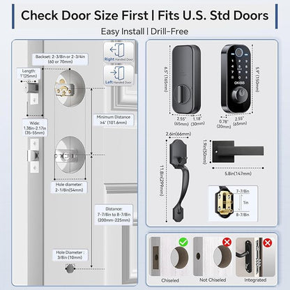 Smart Front Door Lock Set, Built-in WiFi, Keyless Entry Deadbolt with App Remote Control, Electronic Digital Touchscreen Keypad with Lever Handle, Fingerprint/Passcode/Fob/Key Unlock, Auto Lock