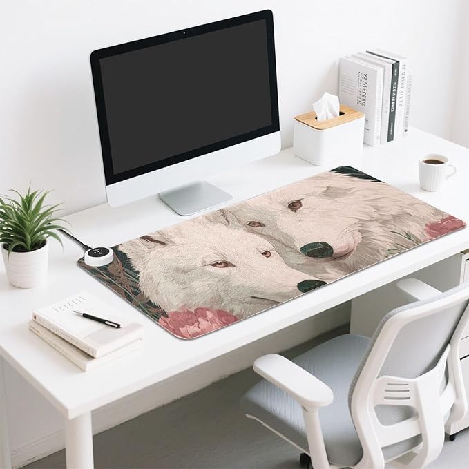Heated Desk Pad Mouse Pad 31.5x13 Inch PU Leather Desk Mat with 3 Heat Levels Large Mouse Gaming Computer Laptop Mat White Wolves Peony Flowers