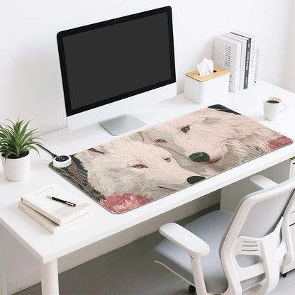 Heated Desk Pad Mouse Pad 31.5x13 Inch PU Leather Desk Mat with 3 Heat Levels Large Mouse Gaming Computer Laptop Mat White Wolves Peony Flowers