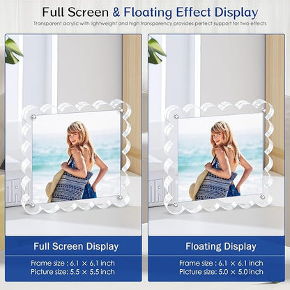 3Pack Clear Magnetic Picture Frames 5×5 Inch - Scalloped Picture Frame with 10+10mm Thick Block, Double-Sided Clear Display | Trendy Home Decor & Modern Gift Idea (3Pack, 5×5)