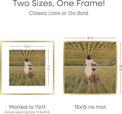 Homeforia 15x15 Picture Frame Gold, High End Metal 15 x 15 Square Poster Frame with Mat 11 x 11 Photo, 15x15 Frame Matted to 11x11 Print, 15by15 Gold Hanging Frames, Tempered Glass, Wall Kit, Set of 3