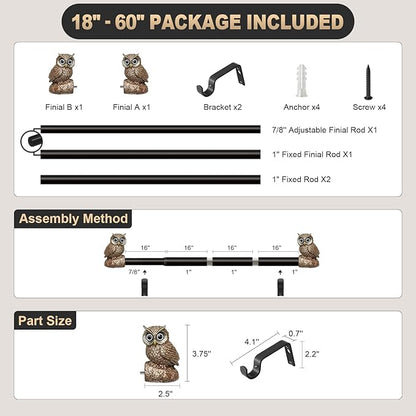 Vintage Decorative Black Curtain Rods for Windows 28 to 48 Inch Adjustable Heavy Duty 1'' Diameter Curtain Rod with Owl Finials for Bedroom Living Room Kitchen Farmhouse (18-60'')