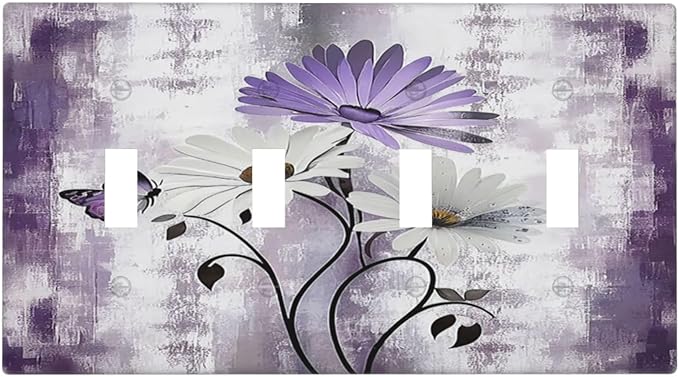 Light Switch Cover Plate Purple Daisy White Floral Butterfly Flowers Quad Toggle Wall Plates Decorative Switch Plates 4 Gang Outlet Covers Electrical Panel Cover Faceplate for Home Decor 4.5 X 8 IN