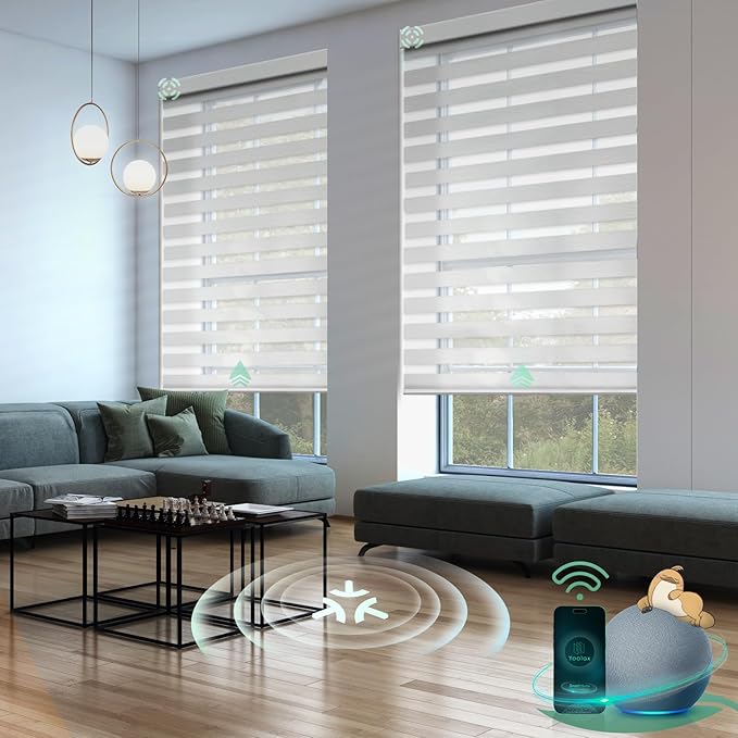 Yoolax Motorized Matter Zebra Blinds Compatible with Alexa, Google Home, Apple HomeKit, Light Filtering Dual Layer Sheer Blinds, Privacy Light Control Horizontal Window Blind (70% Jacquard White)