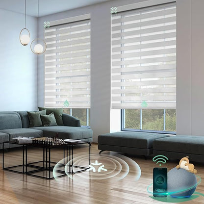 Yoolax Motorized Matter Zebra Blinds Compatible with Alexa, Google Home, Apple HomeKit, Light Filtering Dual Layer Sheer Blinds, Privacy Light Control Horizontal Window Blind (70% Jacquard White)