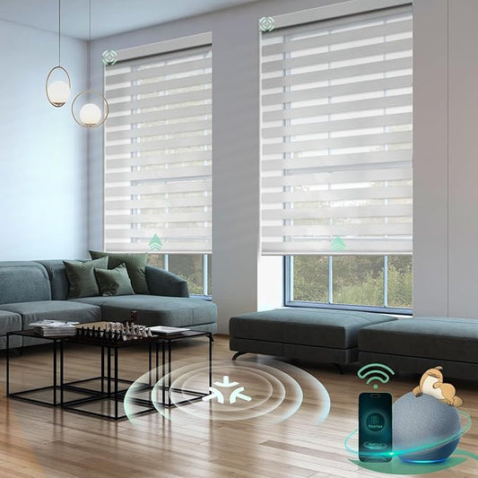 Yoolax Motorized Matter Zebra Blinds Compatible with Alexa, Google Home, Apple HomeKit, Light Filtering Dual Layer Sheer Blinds, Privacy Light Control Horizontal Window Blind (70% Jacquard White)