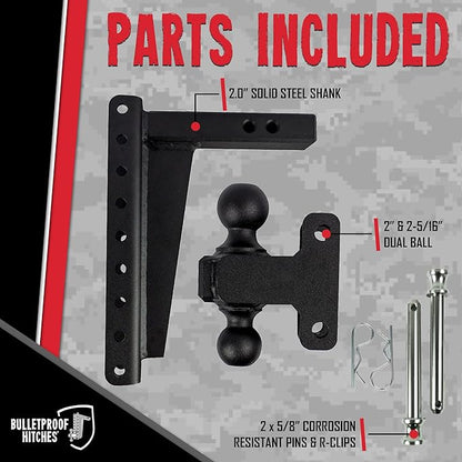 BulletProof Hitches - 2.0" Adjustable Heavy Duty Trailer Hitch (22,000 lb. Rating) - 12" Drop/Rise Trailer Hitch with 2" & 2-5/16" Dual Ball - Powder Coat, Solid Steel, Corrosion-Resistant