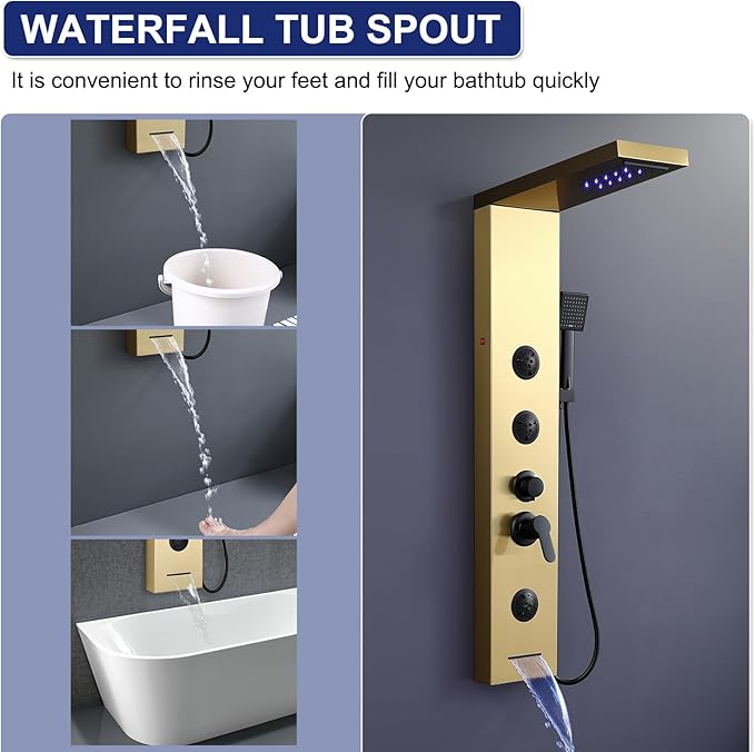 ROVATE Shower Panel Tower System Brushed Gold with LED Rainfall Waterfall Shower, Shower Tower with Jets and Rainfall and Handheld, 5 in 1 Stainless Steel Shower Column High Pressure with Tub Spout