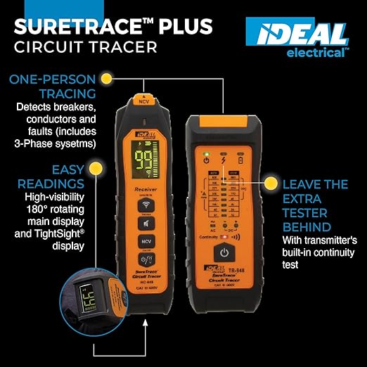 Ideal Electrical SureTrace Plus Circuit Tracer (61-948) 0-600 Volts AC/DC with Built-in Continuity Test and High-Visibility Displays — Find Breakers, Fuses, Wires, Dead Shorts, and Splice Errors