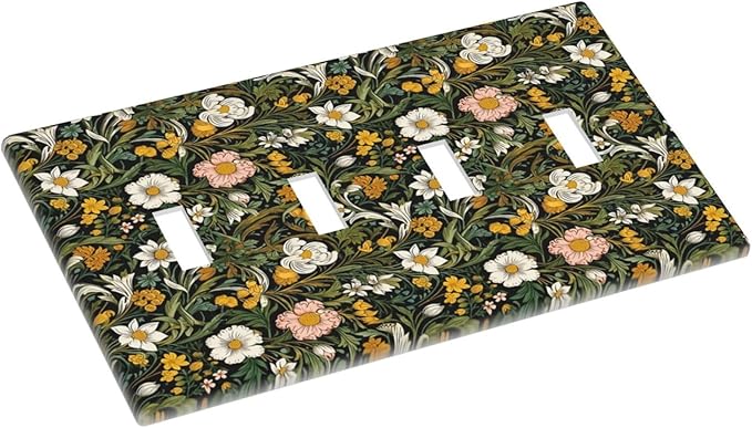 Decorative Light Switch Plate Covers Rustic Green Leaf White Daisy Yellow Floral 4 Gang Light Switch Cover Plate Quad Toggle Wall Plate Outlet Covers Faceplate for Bedroom Home Decor
