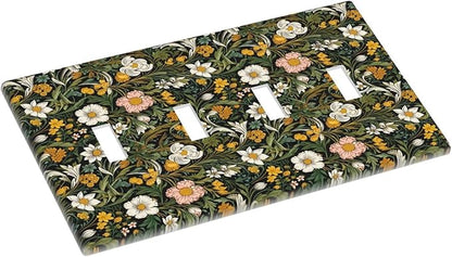 Decorative Light Switch Plate Covers Rustic Green Leaf White Daisy Yellow Floral 4 Gang Light Switch Cover Plate Quad Toggle Wall Plate Outlet Covers Faceplate for Bedroom Home Decor