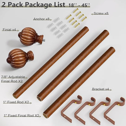 2 Pack Dark Brown Wood Curtain Rods for Windows 28 to 48 Inch, 1'' Adjustable Heavy Duty Curtain Rod，Vintage Imitation Wood Decorative Drapery Rods with Pumpkin Finials for Bedroom Living Room