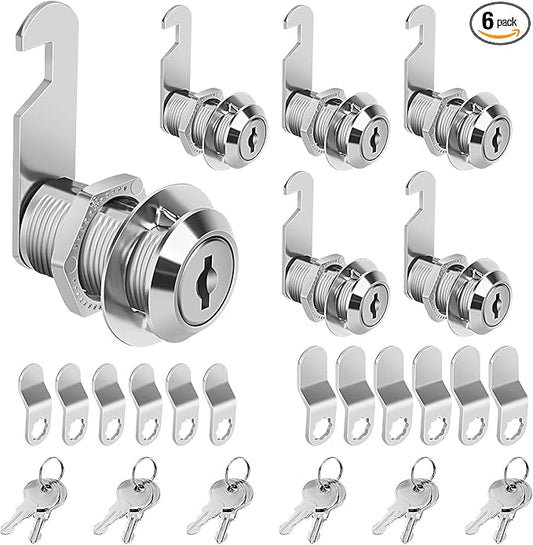 Cam Locks Cabinet Locks Keyed Alike, 1-1/8'' (Length) Cylinder Fits on 7/8'' Max Panel Thickness, Secure Files Drawers Mailbox RV Storage Locks Replacement Set, Zinc Alloy (1-1/8 Inch 6Pcs)