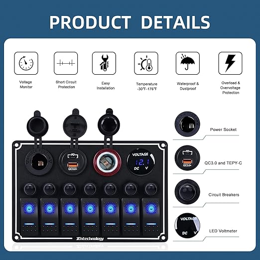 7 Gang Marine Boat Switch Panel with Dual USB Charger & Voltmeter, Waterproof Aluminum Rocker Switch Panel for Marine Automotive Truck RV Trailer with Lighter Socket Press Protector, 12/24V Black