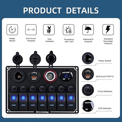 7 Gang Marine Boat Switch Panel with Dual USB Charger & Voltmeter, Waterproof Aluminum Rocker Switch Panel for Marine Automotive Truck RV Trailer with Lighter Socket Press Protector, 12/24V Black