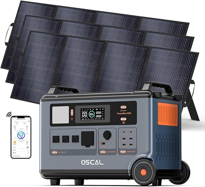 OSCAL PowerMax 6000 Solar Generator with 3x400W Solar Panels, 120/240V Split Phase Voltage 6000W AC Outlets (9000W Peak), 3600Wh Power Station Expandable to 57.6kWh, Emergency for Home
