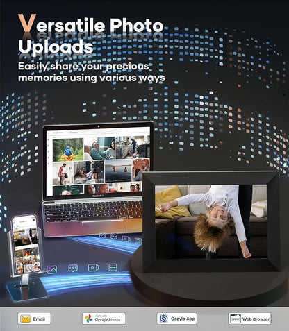Cozyla 10.1'' WiFi Digital Picture Frame AI-Enhanced Free Unlimited Storage Auto-Rotate Share Photo＆Video via Apps from Phone Smart Digital Photo Frame Electric Picture Frame Slideshow Display Black