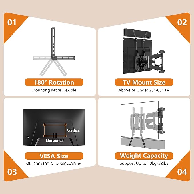 Universal Sound Bar Mounts Fits Most 23 to 65 Inch TVs Soundbar TV Mount Bracket Above or Under TV, up to 22 lbs SBR302