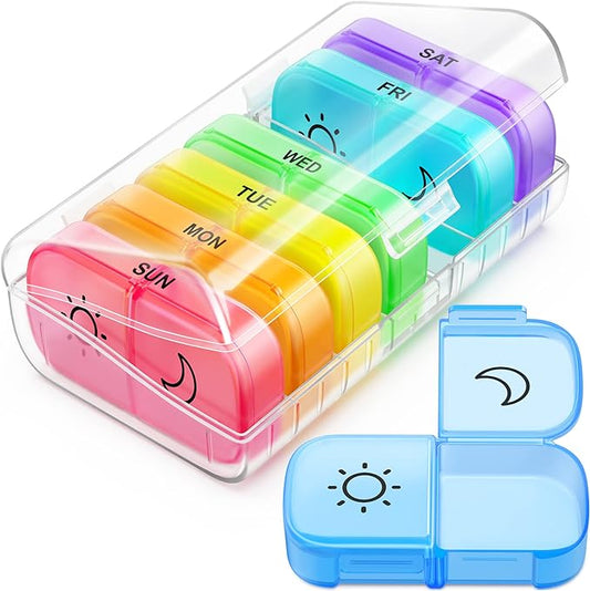 FEATY Weekly Pill Organizer 2 Times a Day with Same-Side Large Opening for Easy Filling & Retrieving, Color Tracking 7 Day AM PM Pill Box with Large BPA Free Pill Case for Vitamins, Fish Oils (Clear)