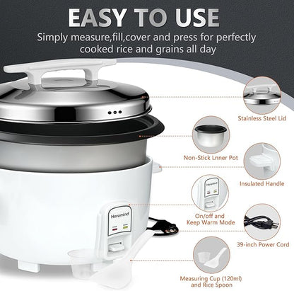 Commercial Rice Cooker, 90-Cup Rice Cooker, 16Qt / 18 L Large Rice Cooker with Nonstick Inner Pot, Fast Cooking and Auto Keep Warm, with Rice Cup and Paddle, Easy to Clean, 1950W