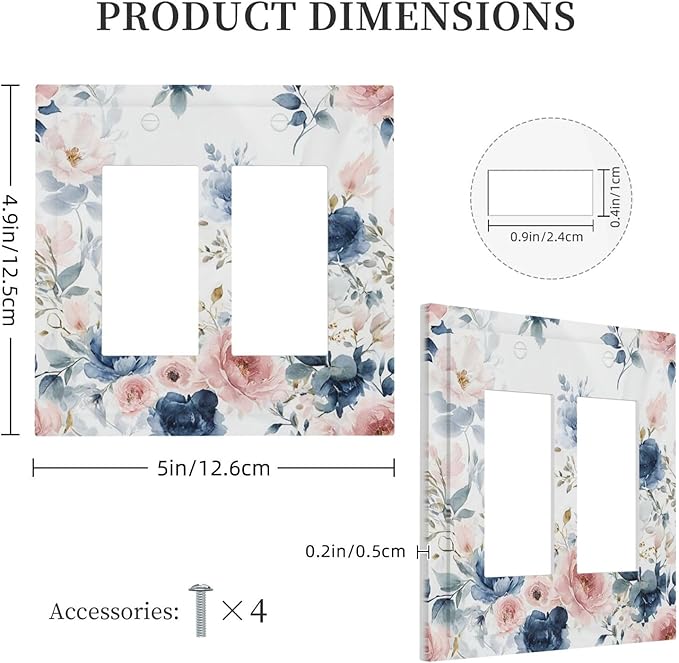 Elegant Watercolor Pink Blue Flowers Floral Outlet Covers Light Switch Cover Plate 2 Gang Double Rocker Wall Plates Decorative Switch Plates Plug Cover Electrical GFCI Receptacle for Home 4.9 X 5 IN