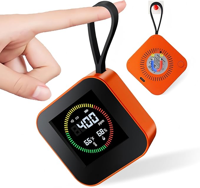 3-in-1 Portable Carbon Monoxide Detector for Travel – UL-Compliant CO Alarm with Temperature and Humidity Monitor, USB-C Rechargeable for RV, Hotel, Camping (1, Orange)