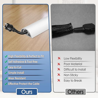 Floor Cord Cover for Wires on Floor Self Adhesive Cord Hider Floor Cable Management Wire Covers for Cords Protector Prevent Cable Trips Cord Cavity W 0.32" x H 0.32", White, 3.3Ft