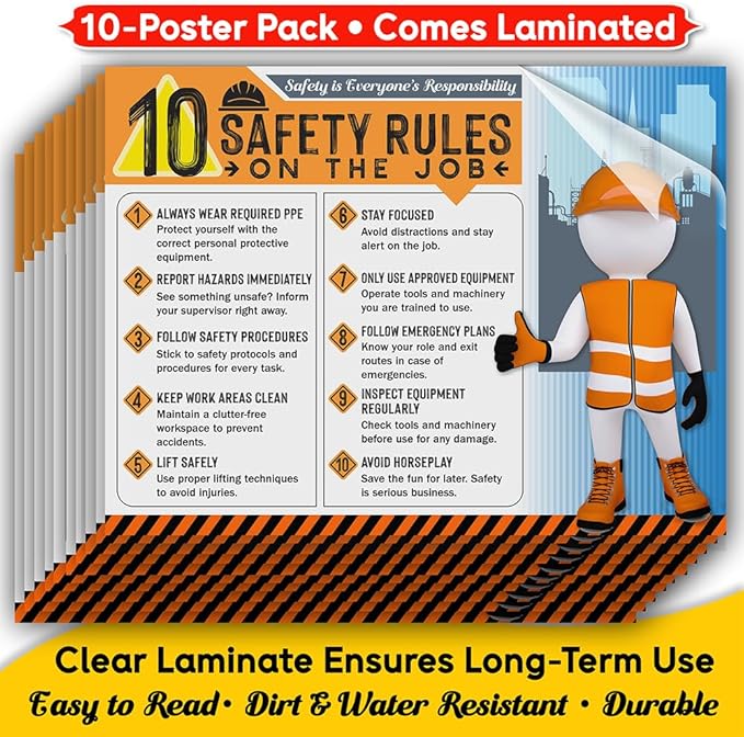 10 Safety Rules on the Job Poster 2026 Version – 18x24 Durable Laminated Safety Sign, Tear-Resistant, Waterproof Workplace Safety Poster for Industrial and Construction Settings (Pack of 10)