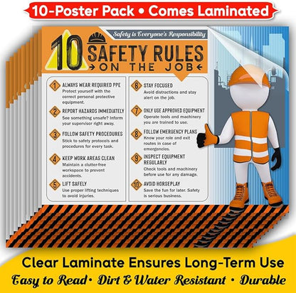 10 Safety Rules on the Job Poster 2026 Version – 18x24 Durable Laminated Safety Sign, Tear-Resistant, Waterproof Workplace Safety Poster for Industrial and Construction Settings (Pack of 10)